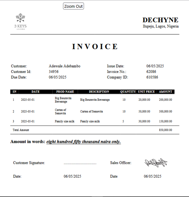Selected invoice format preview